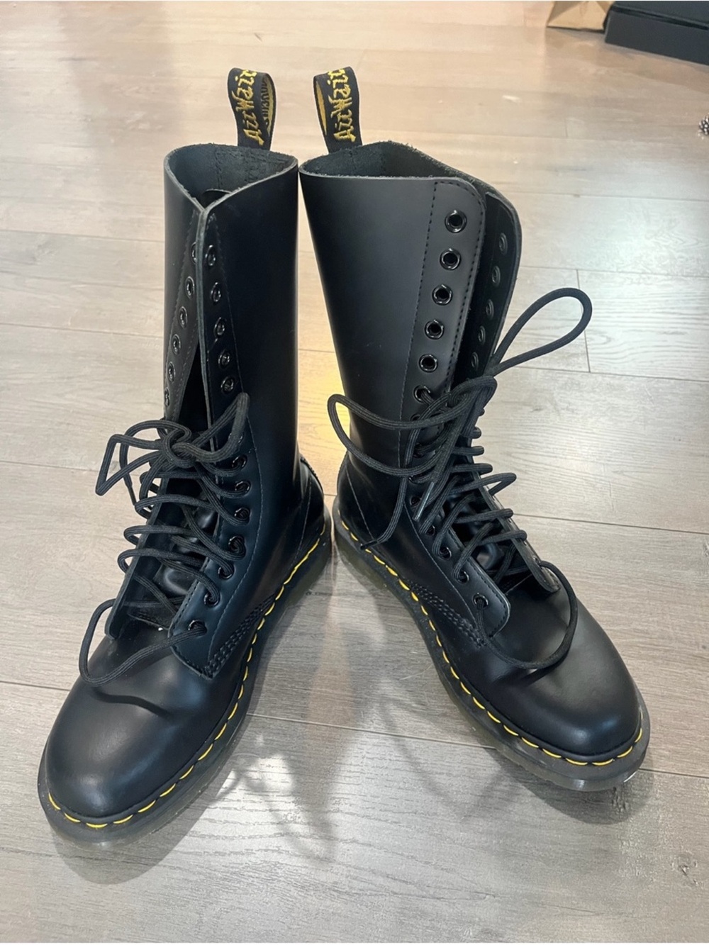Dr. Martens Black Leather Lace-Up Combat Boots with Yellow Stitching